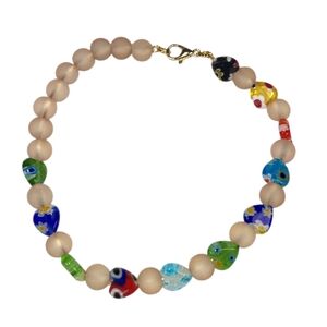Colorful Millefiori Glass Hearts Frosted Beaded Bracelet